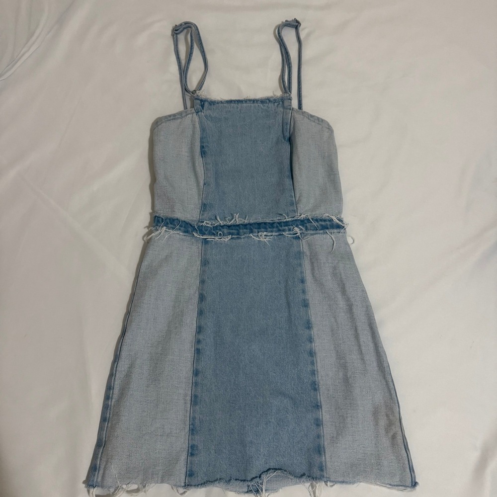 Zara TRF Denim Makers Blue Colorblock Raw Hem Lace Up Back Mini‎ Dress XS